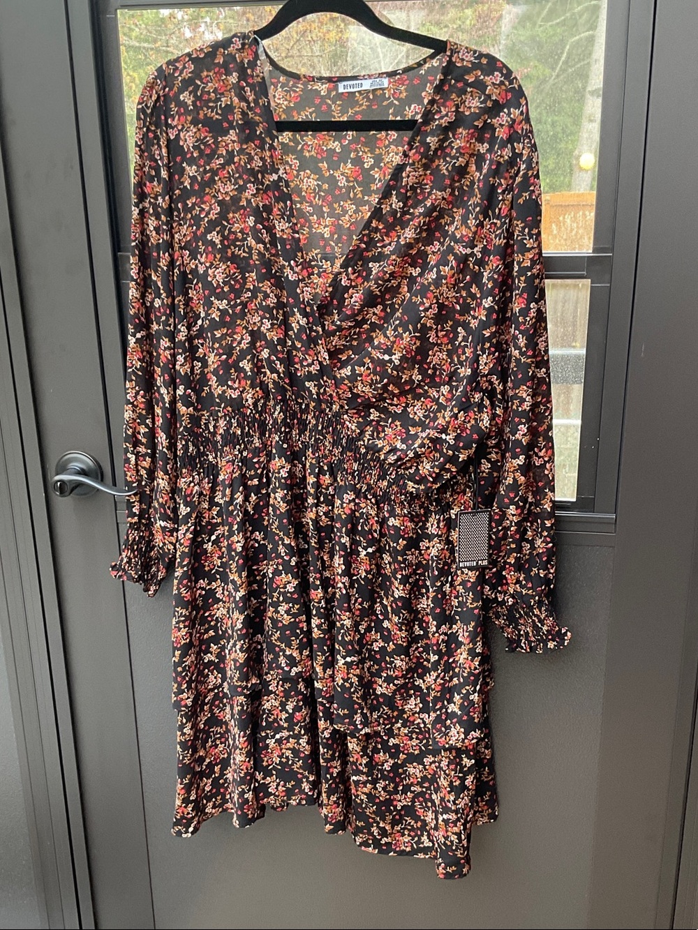 Floral Long-Sleeve Wrap Dress in Black